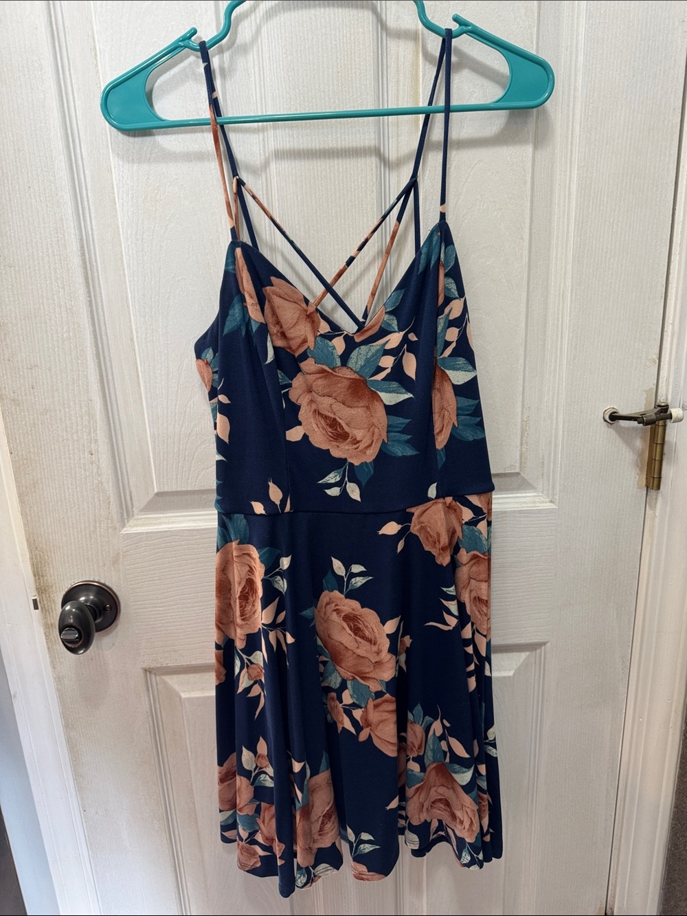 Floral Spaghetti-Strap Swing Dress - Navy with Rose Print